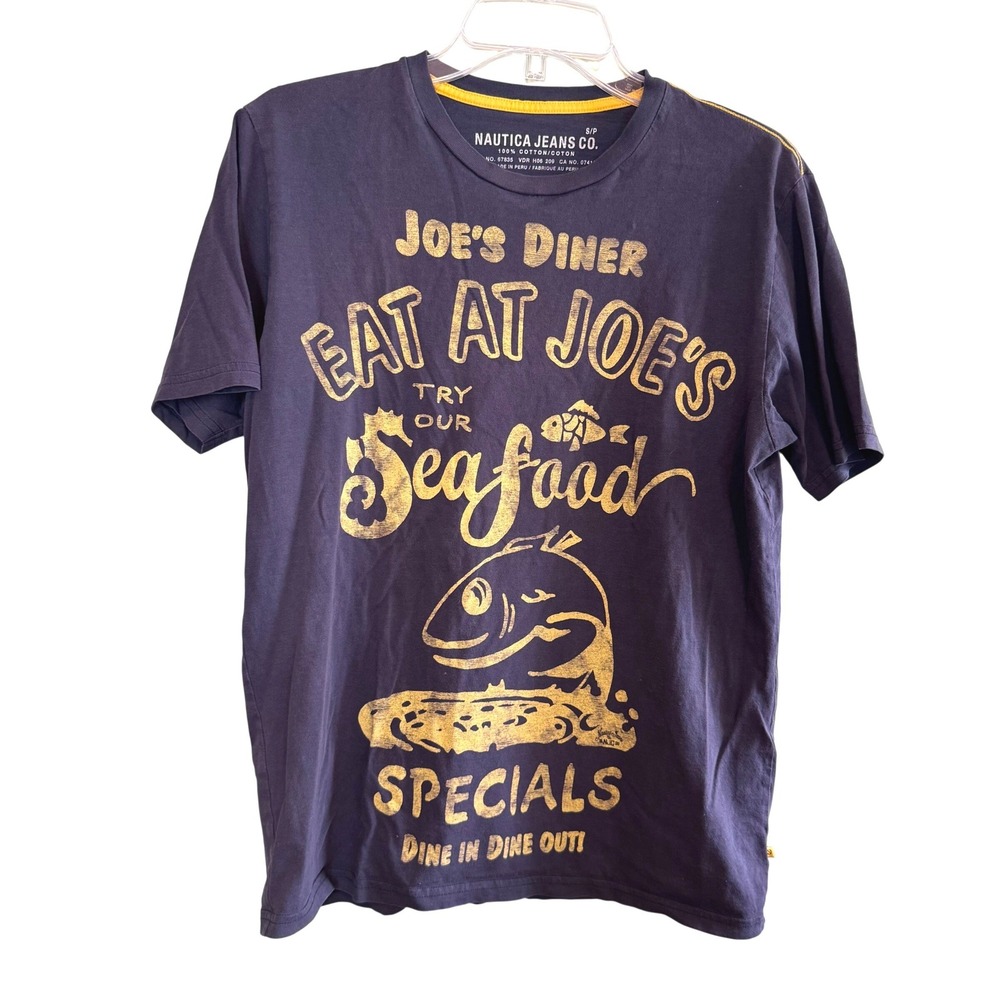 Vtg Nautica Unisex Joe's Diner Eat At Joe's Seafood Graphic T-Shirt Navy Small